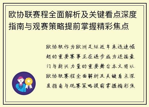 欧协联赛程全面解析及关键看点深度指南与观赛策略提前掌握精彩焦点 欧协联赛程全面解析及关键看点深度指南与观赛策略提前掌握精彩焦点